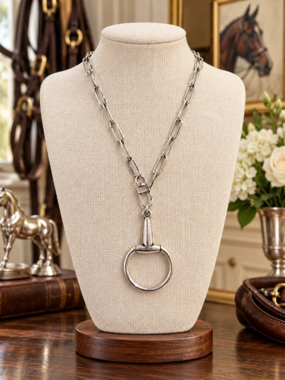 Silver Horse Bit Necklace, Equestrian Pendant Necklace, Silver Link Chain, Horse